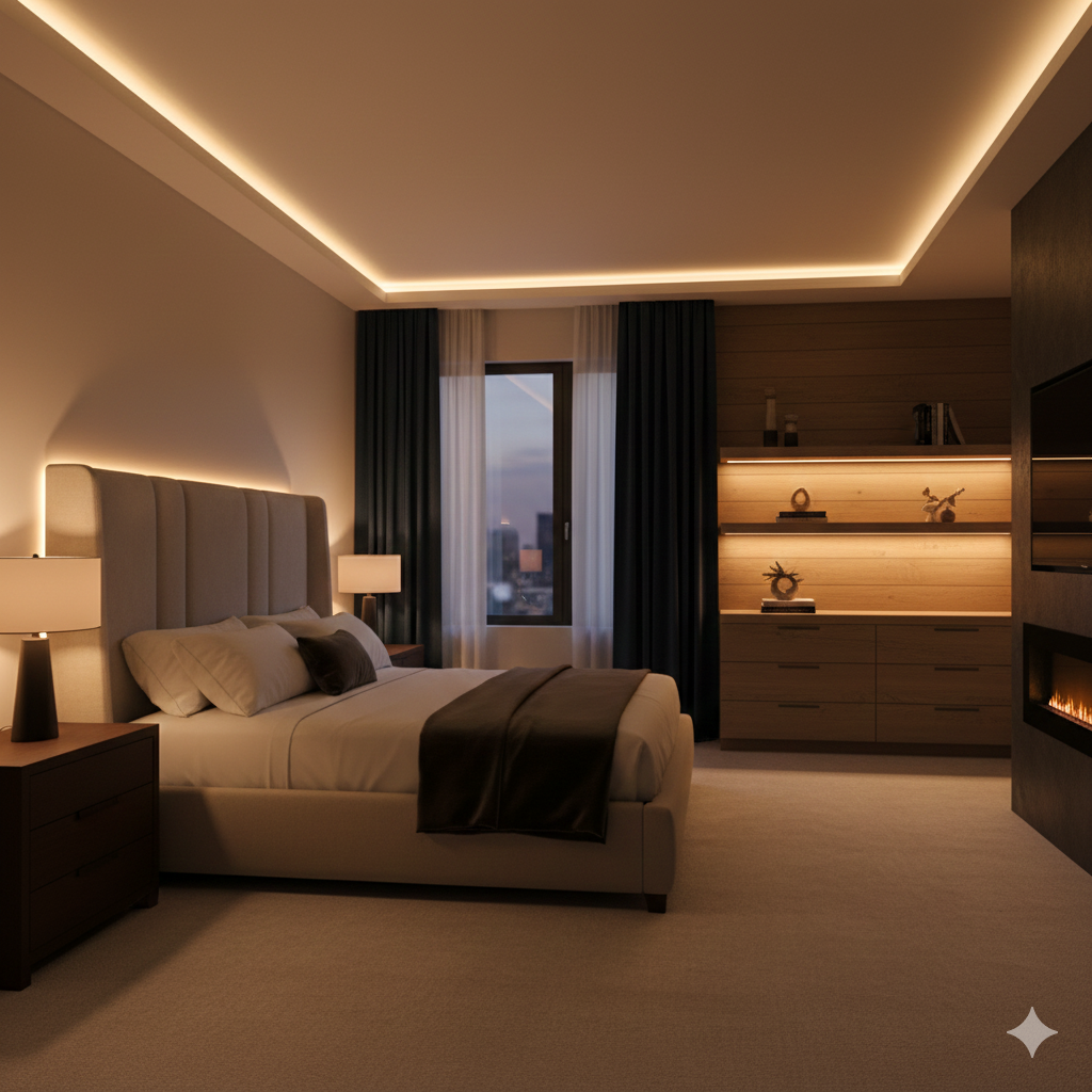 Bedroom with good lighting design.