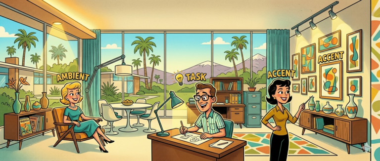 Modern residential lighting design in Fresno CA showing layered ambient, task, and accent lighting in an open concept home