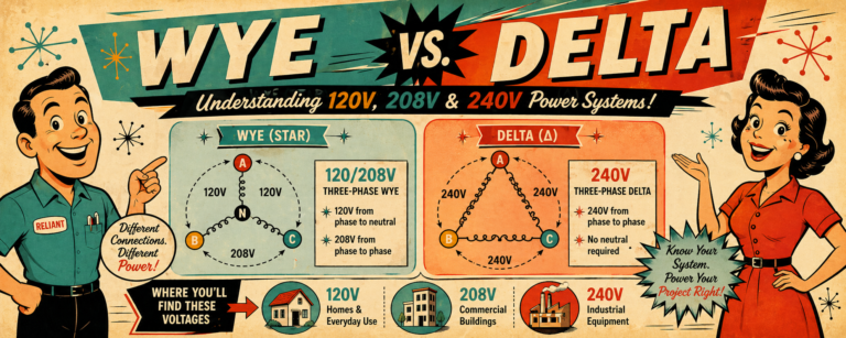 1950s-style illustrated header comparing wye and delta electrical power systems with 120V, 208V, and 240V voltage labels.