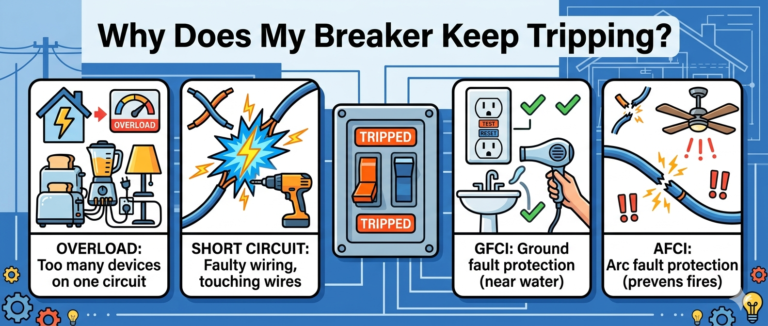 Why Does My Breaker Keep Tripping? Overload, Short Circuit, GFCI, and AFCI Problems Explained